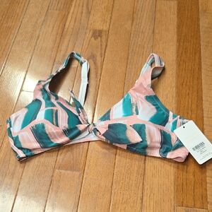 NWT: Women’s Pink & Teal Paint Brush Knot-Front Bikini Top